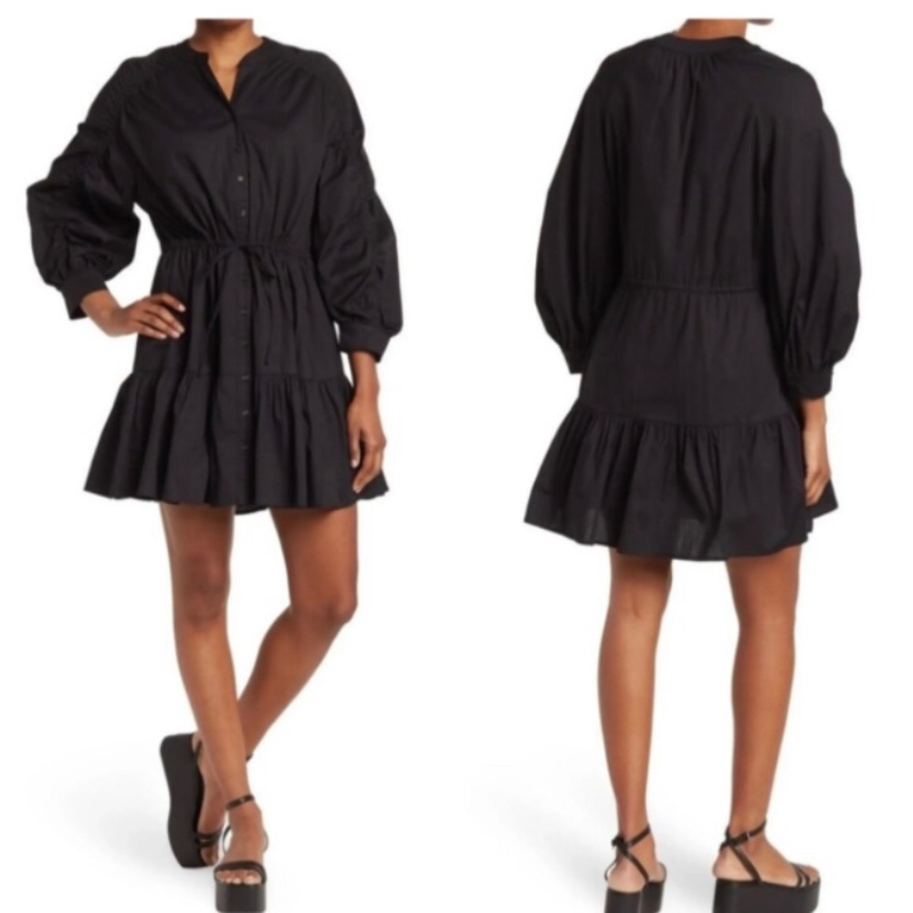 Astr the label black tiered ruched mini shirt dress black L cotton tie waist